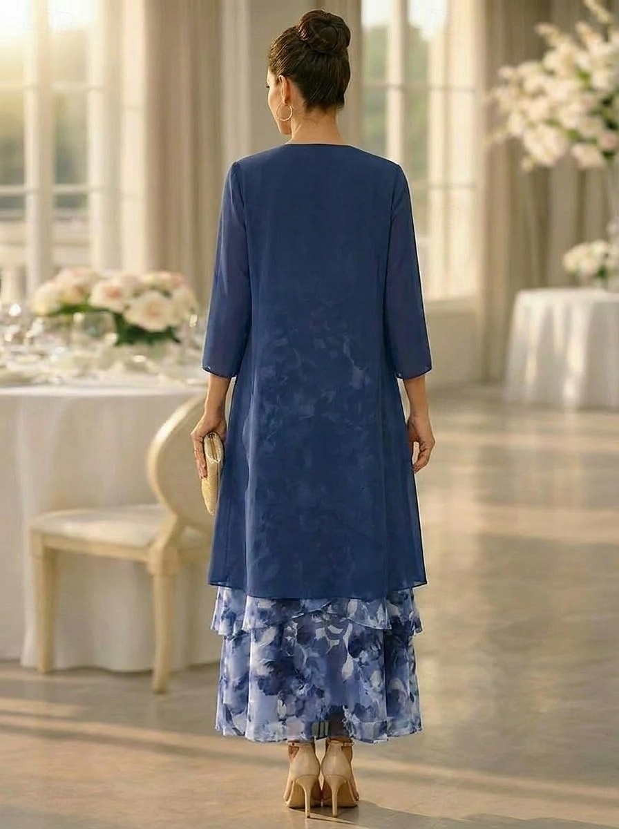 Două Piese Linia -A Lungime Gleznă Rochie pentru invitata de nunta Larg Rochie Mama Miresei Lungime Manșon 3/4 Scoateți gâtul Elegant Simplu Casual Oficial Invitat la nunta Concediu Șifon Rochii 2026 - $182.99 –P3