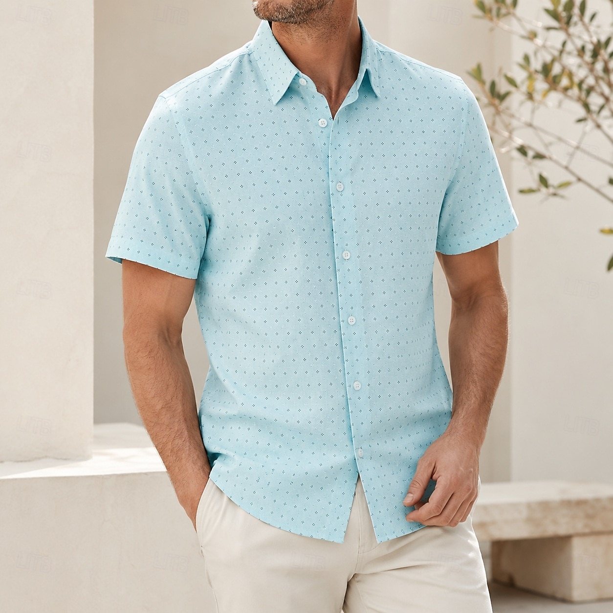 Camisa social masculina em tecido que não precisa passar, verde claro com bolinhas. de 2026 por $37.99 –P1