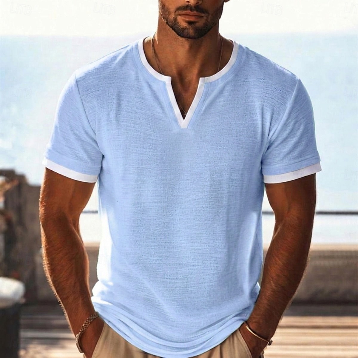 Men's Linen T-Shirt Short Sleeve V Neck Spring & Summer Summer Spring Solid Color Plain Vintage Bohemian Casual Color Block Fake two piece Plain Casual Vacation Street Black Light Green Light Blue 2026 - $19.99 –P6