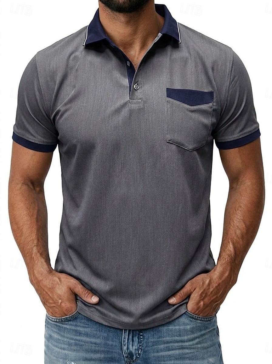 Bărbați Tricouri polo Camasa de blugi Casual Stradă Rever Guler polo cu nervuri Manșon scurt De Bază Modern Simplu Buzunar Bloc de Culoare Vară Primăvară Fit regulat Albastru piscină Negru 2026 - $29.99 –P10