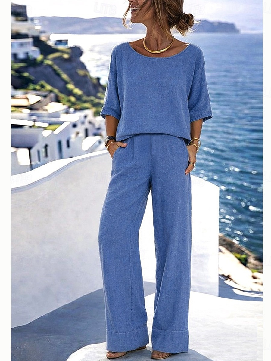 Women's Cotton Linen Sets Pants Sets Bolero Top Half Sleeve Crew Neck Solid Color Fashion Streetwear Casual Daily Outdoor Blue Black White Summer Regular Fit 2026 - $37.99 –P10