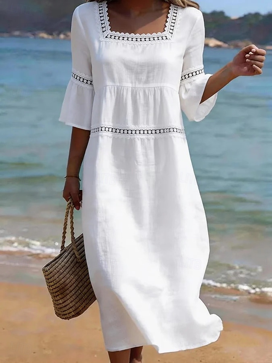 Women's Midi Dress Shift Dress Casual Beach Holiday Loose Fit Plain 3/4 Length Sleeve V Neck Blue Wedgewood White Yellow Summer Spring 2026 - $35.99 –P1