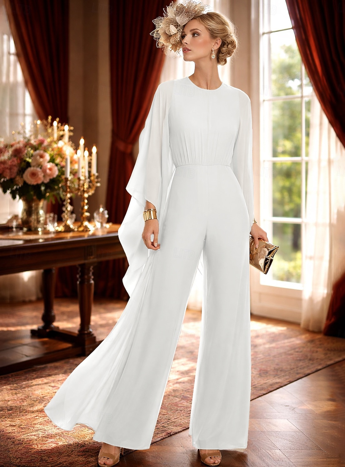 Jumpsuit Pantsuit Floor Length Mother of the Bride Dress 3/4 Length Sleeve Crew Neck Elegant Simple Minimalist Formal Wedding Guest Chiffon with Ruched 2026 - $183.99 –P9