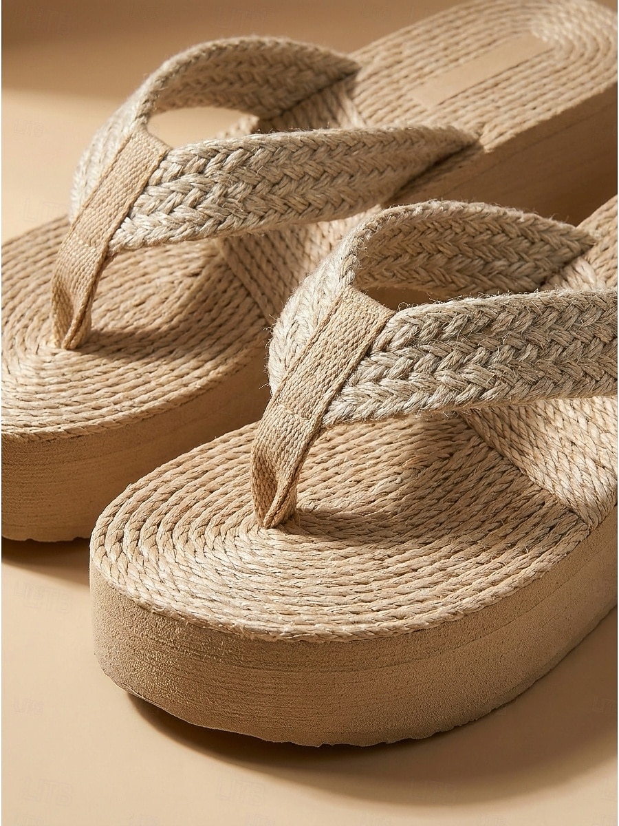 Damen-Flip-Flops aus Stroh mit Plateausohle – sommerliche Keilsandalen im Boho-Stil mit geflochtenen Riemen, ideal für Strandurlaub und Resort-Aktivitäten. &gemütliches Spazierengehen im Freien 2026 - $18.99 –P4