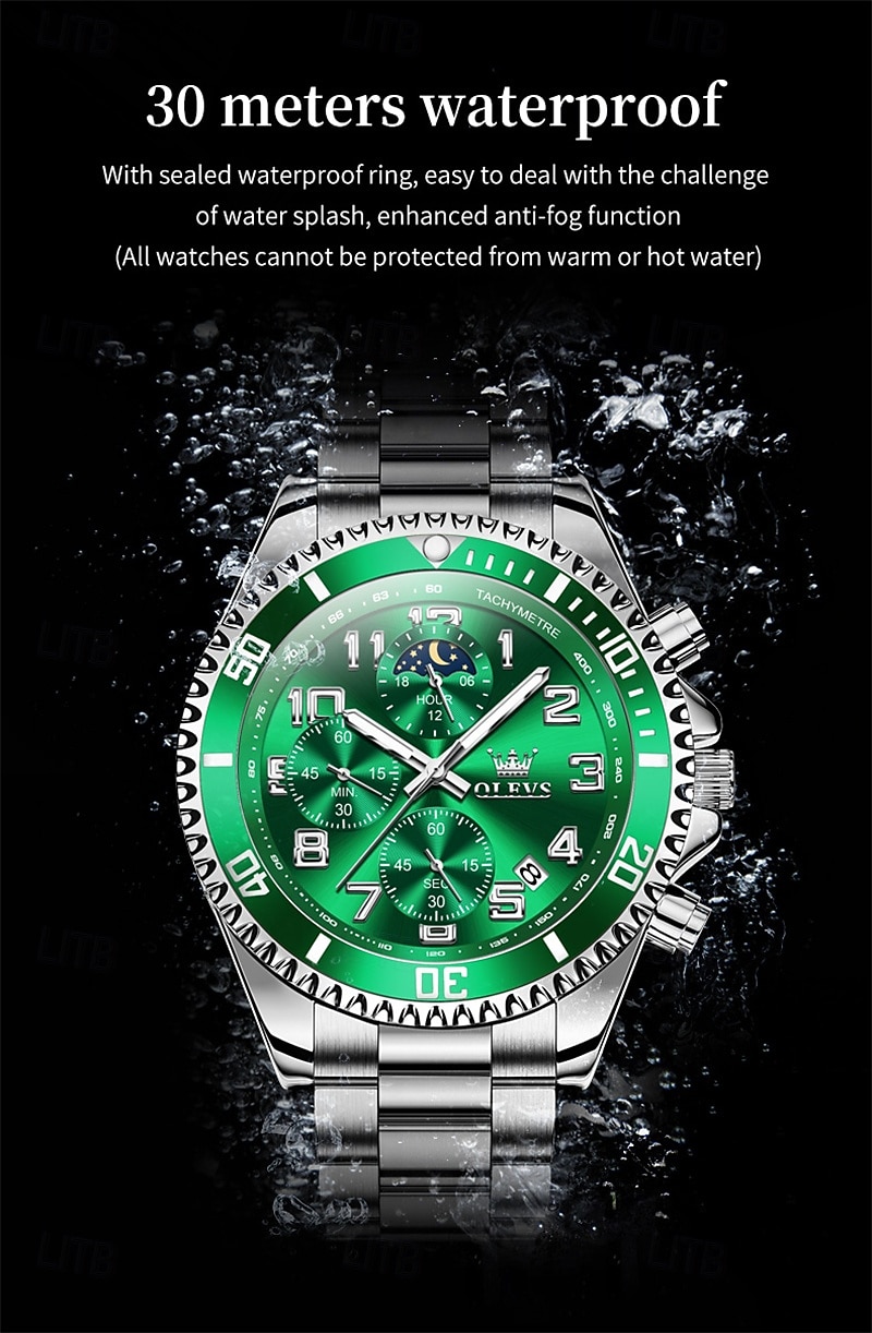 OLEVS Men's Chronograph Watch Luxury Green Face Two Tone Stainless Steel Moon Phase Waterproof Luminous Analog Quartz Wrist Watch for Men Big Face Fashion Sport Business Watch Gifts for Him 2026 - $39.99 –P14