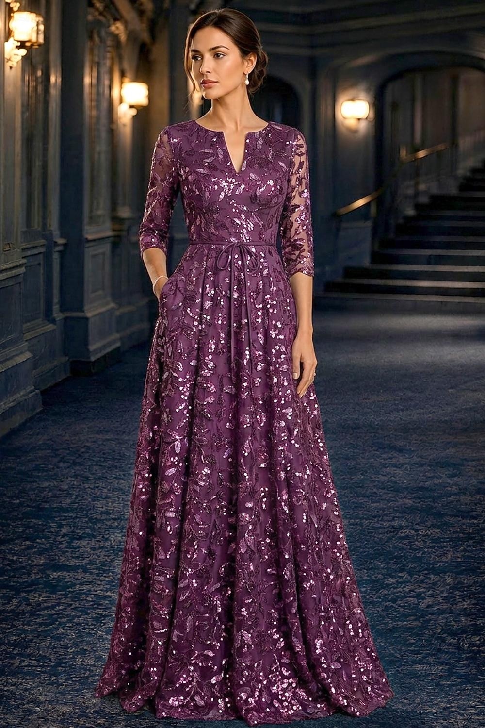 A-Linie Kleid Bodenlang Partykleid Cocktailkleid Brautmutterkleid Langarm V Ausschnitt Elegant Vintage luxuriös Formell Hochzeitsgast Kentucky Derby Chiffon Tüll mit Paillette Stickerei Blume 2026 - $182.99 –P3