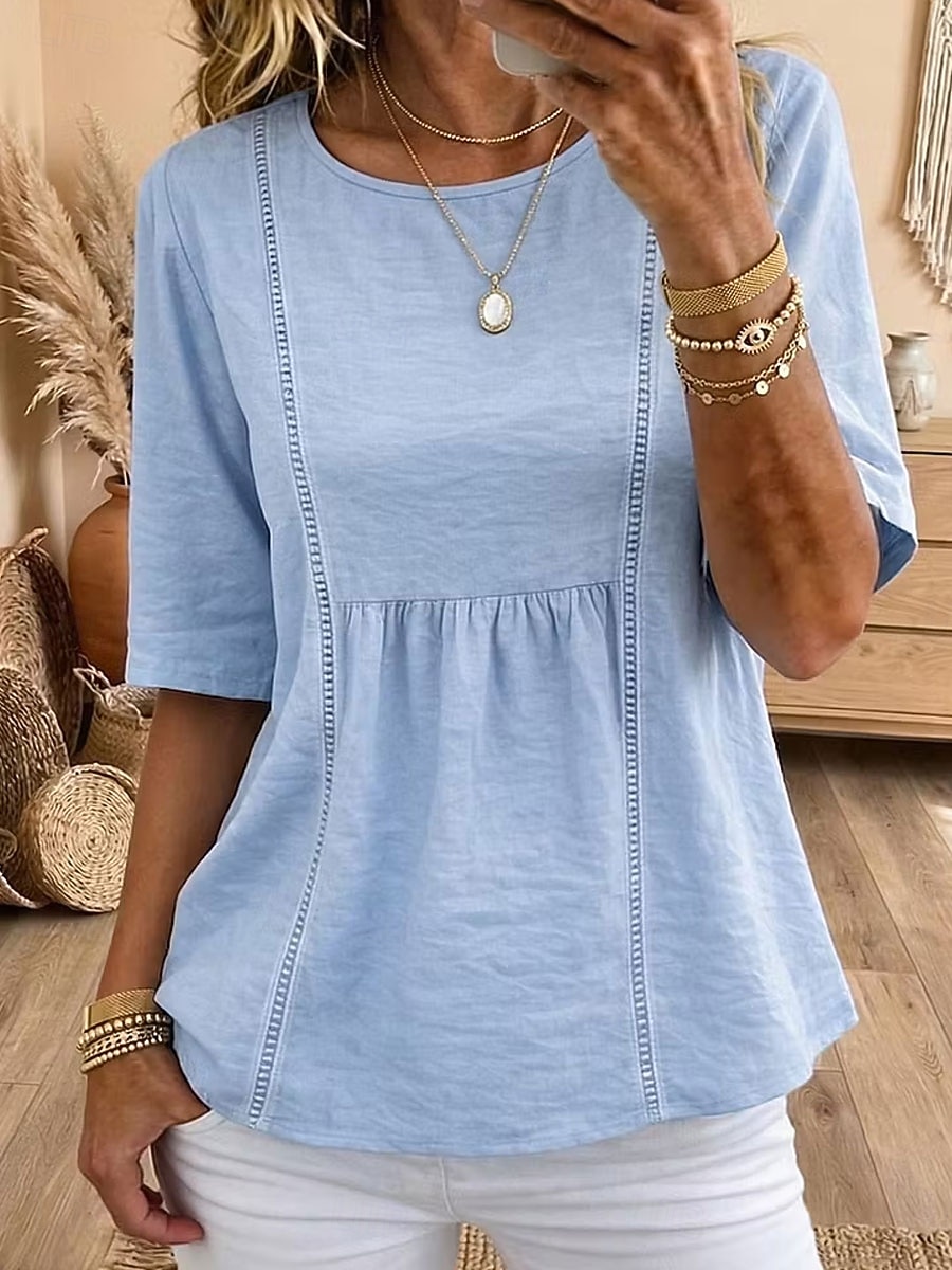 Mujer Camisa Color sólido Moda Elegante Casual Media Manga Cuello Barco Tops regulares Casual Diario Azul Piscina Blanco Verano Primavera 2026 - $26.99 –P1