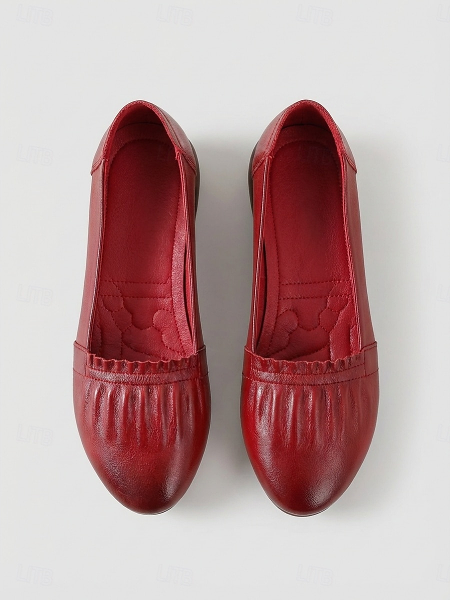 Burgunderrote Ballerinas aus echtem Leder für Damen – bequeme Slipper zum Hineinschlüpfen, ideal zum Spazierengehen, Reisen und für den Business-Casual-Look. &Alltagskleidung 2026 - $46.99 –P5