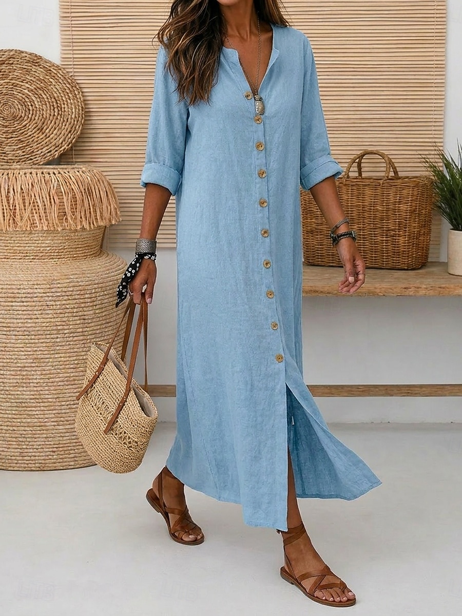 Dames Maxi-jurk Linnen jurken Vintage Dagelijks Ruim Passend Heldere kleur Lange mouw V-hals Rood Zomer 2026 - $15.99 –P13