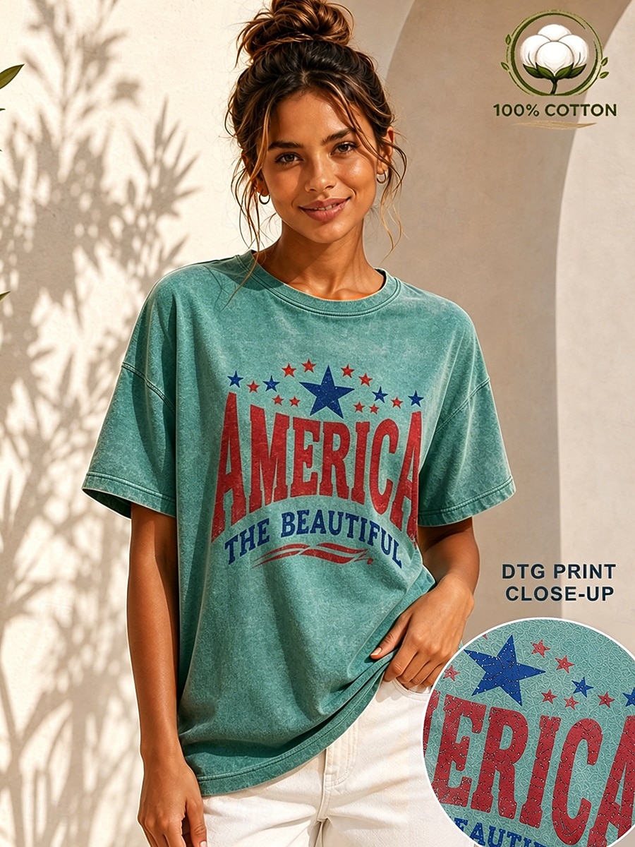 día de la independencia americana Mujer 100% Algodón Camiseta Tops lavados estilo vintage Estampado Graphic Letra Vintage Moda Elegante Manga Corta Cuello Barco Tops regulares Casual Diario Azul 2026 - $33.99 –P1