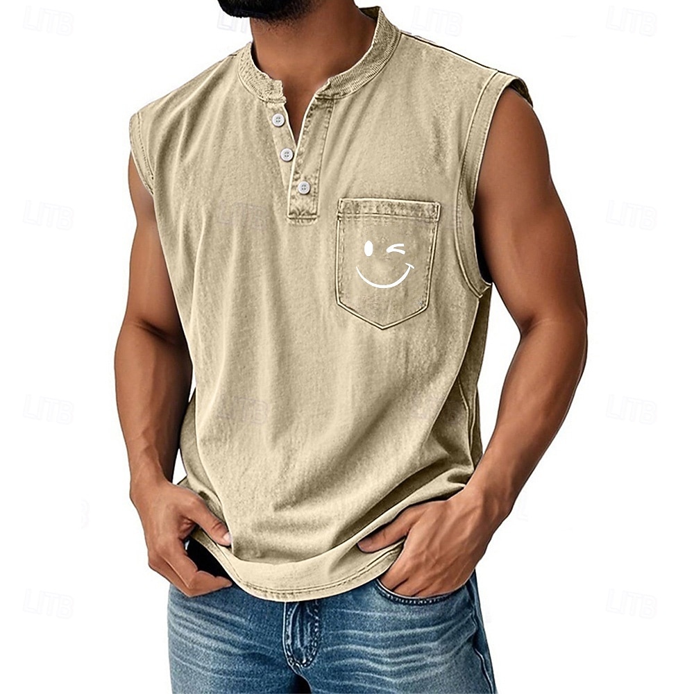 Men's 100% Cotton Acid Wash Shirt Sleeveless Shirt Sleeveless Henley Summer Solid Color Smile Face Casual Garment Dyed Faded Vintage Washed Daily Streetwear Blue Black Green Top Tee for Men 2026 - $27.99 –P5