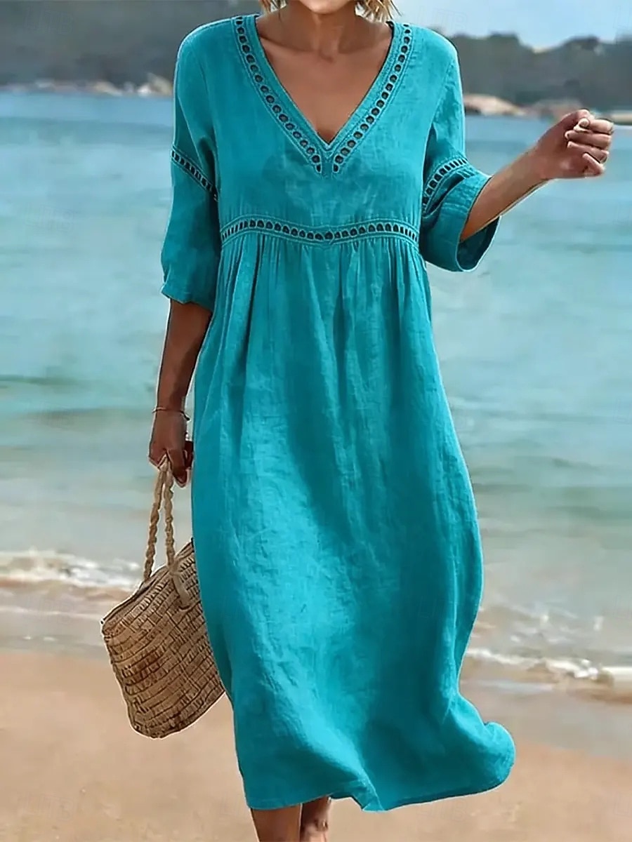 Women's Long Dress Maxi Dress Sundress Elegant Vacation Beach Holiday Loose Fit Solid Color Half Sleeve V Neck Light Blue Denim Blue turmeric off white Summer Spring 2026 - $27.99 –P2