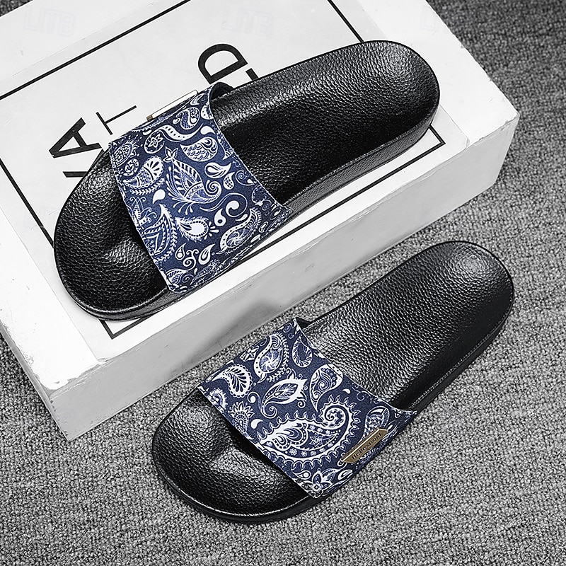 Sandalias planas azules con estampado paisley para hombre, puntera abierta, ligeras y cómodas, ideales para vacaciones en la playa, en el resort, para el ocio junto a la piscina y para relajarse a diario. 2026 - $26.99 –P1