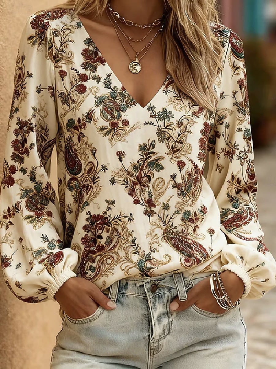 Per donna Camicia Stampato Floreale Grafico Bohemien Vacanza Vintage Manica Lunga Manica a Lanterna Scollo a V Top Regolari Casuale Quotidiano Ferie Rosso Cammello Estate Primavera del 2026 a $32.99 –P2