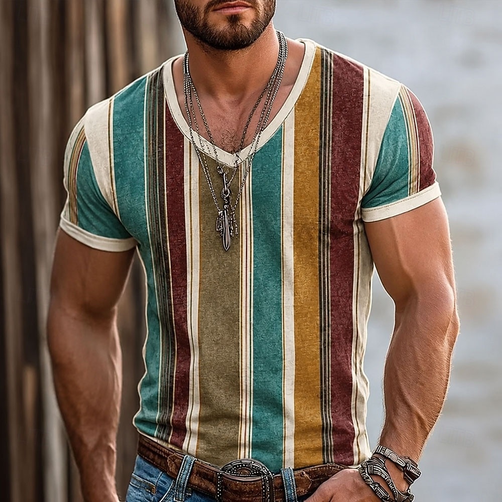 Men's Color Block Stripes T Shirt Short Sleeve T shirt 3D Print V Neck Shirt Vacation Casual Daily Holiday Red Orange Brown Spring & Summer Clothing Apparel S M L XL XXL XXXL 2026 - $18.99 –P4