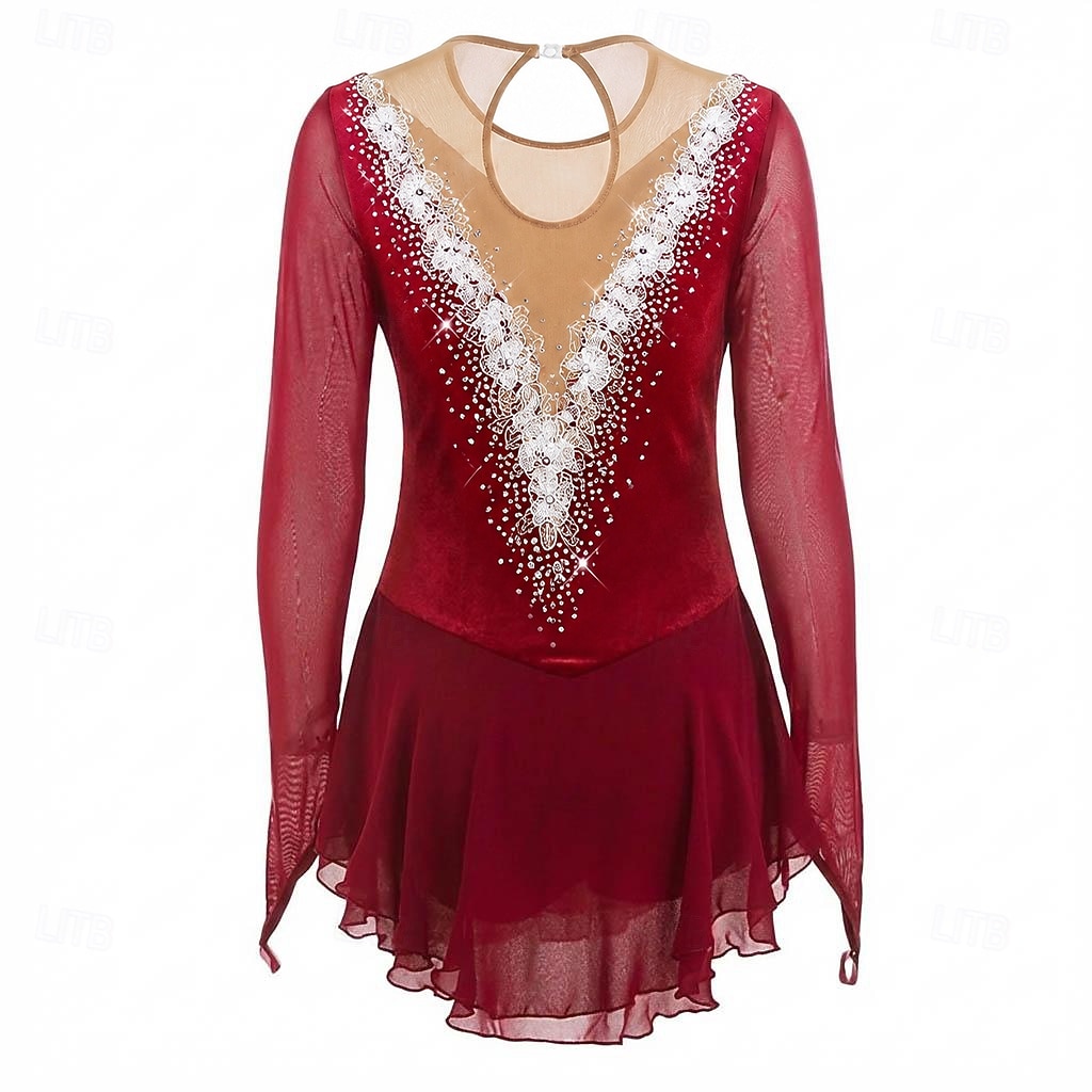 burgundy ice skating dress Figure Skating Dress Women's Ice Skating Dress Burgundy Patchwork Thumbhole  High Elasticity Professional Training Competition Skating Wear Classic  Crystal / Rhinestone Sleeveless Long Sleeve Ice 2026