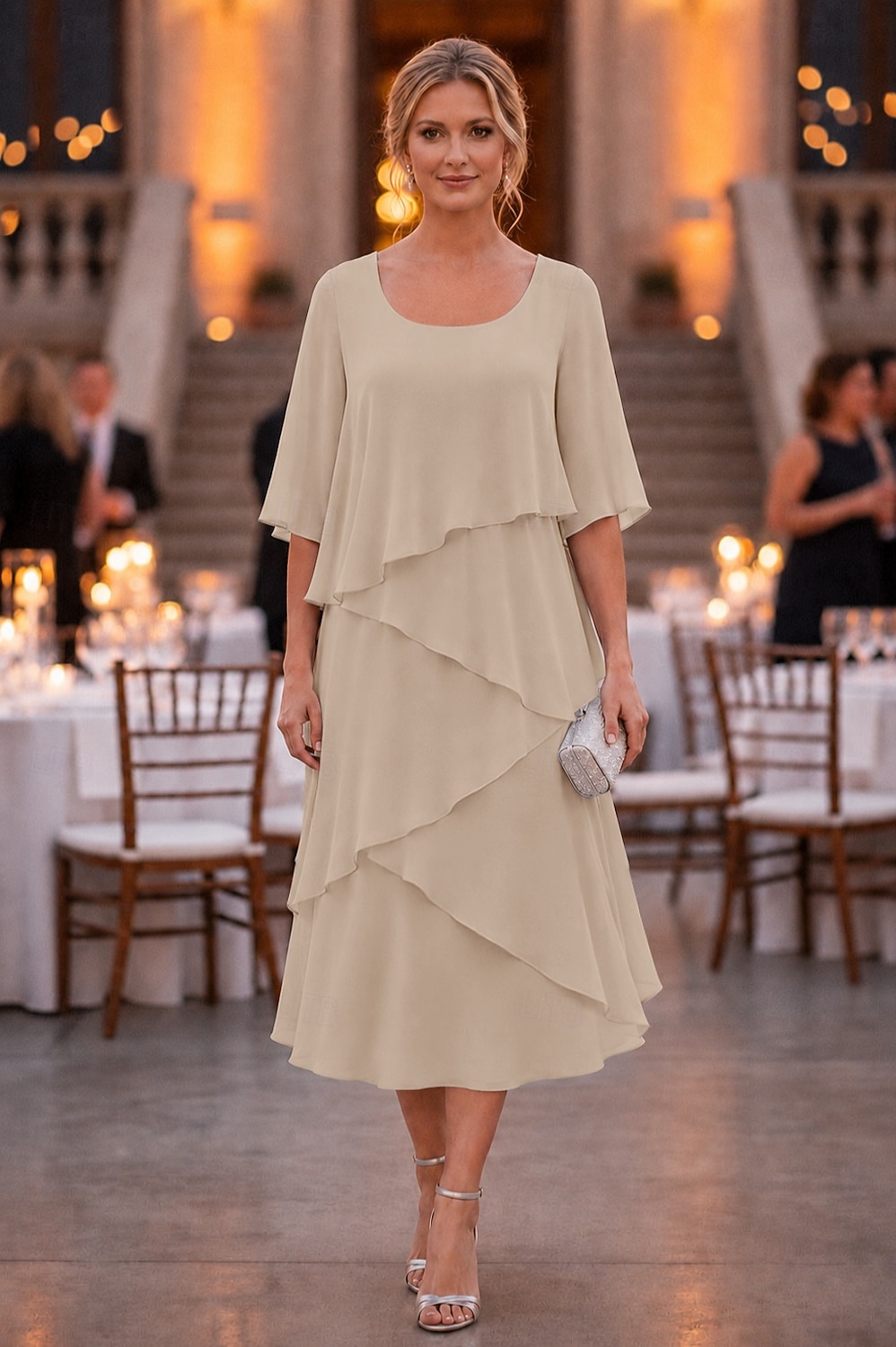 abito a tubino a colonna lunghezza tè abito da festa abito da cocktail abito da invitata a nozze abito da madre della sposa mezza manica scollo a U elegante formale chiffon con volant del 2026 a $137.99 –P5