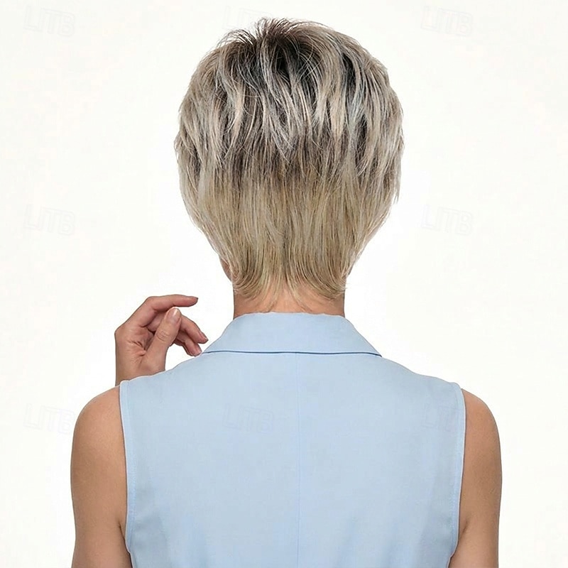 Parrucca corta biondo cenere con taglio pixie e radici scure - capelli sintetici testurizzati a strati per donna, parrucca affusolata e di tendenza per l'uso quotidiano. del 2026 a $29.99 –P2