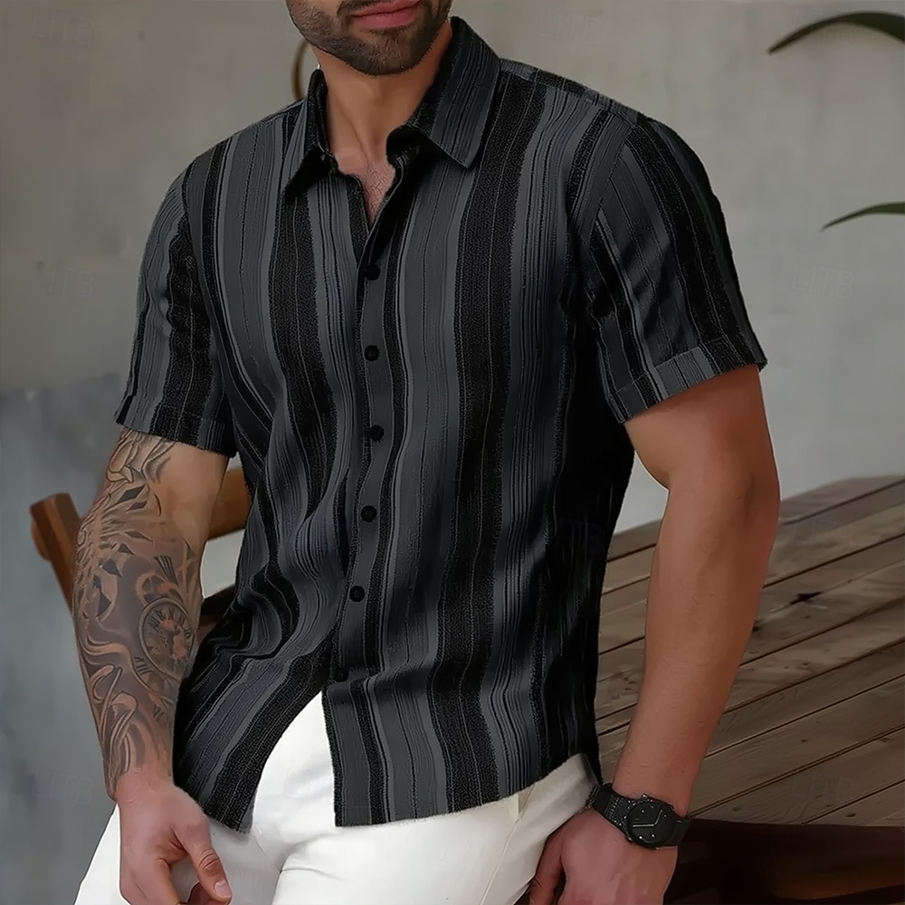 Voor heren Geometrisch Gestreept Overhemd Overhemd met knopen Casual overhemd Korte mouw Mode-casual Dagelijks Buiten Strandvakantie Zomer Lente Strijkijzer 3D-afdrukken Linnenachtig shirt blauw Rood 2026 - $25.99 –P3