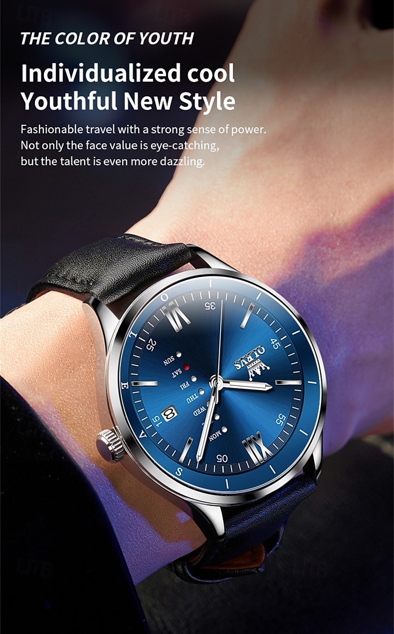 OLEVS Men's Luxury Watch Business Fashion Quartz Wristwatch Waterproof Leather Strap Blue Sunray Dial with Unique Day Date Display Luminous Hands Roman Numerals Dress Watch for Male Gift 2026 - $31.99 –P15