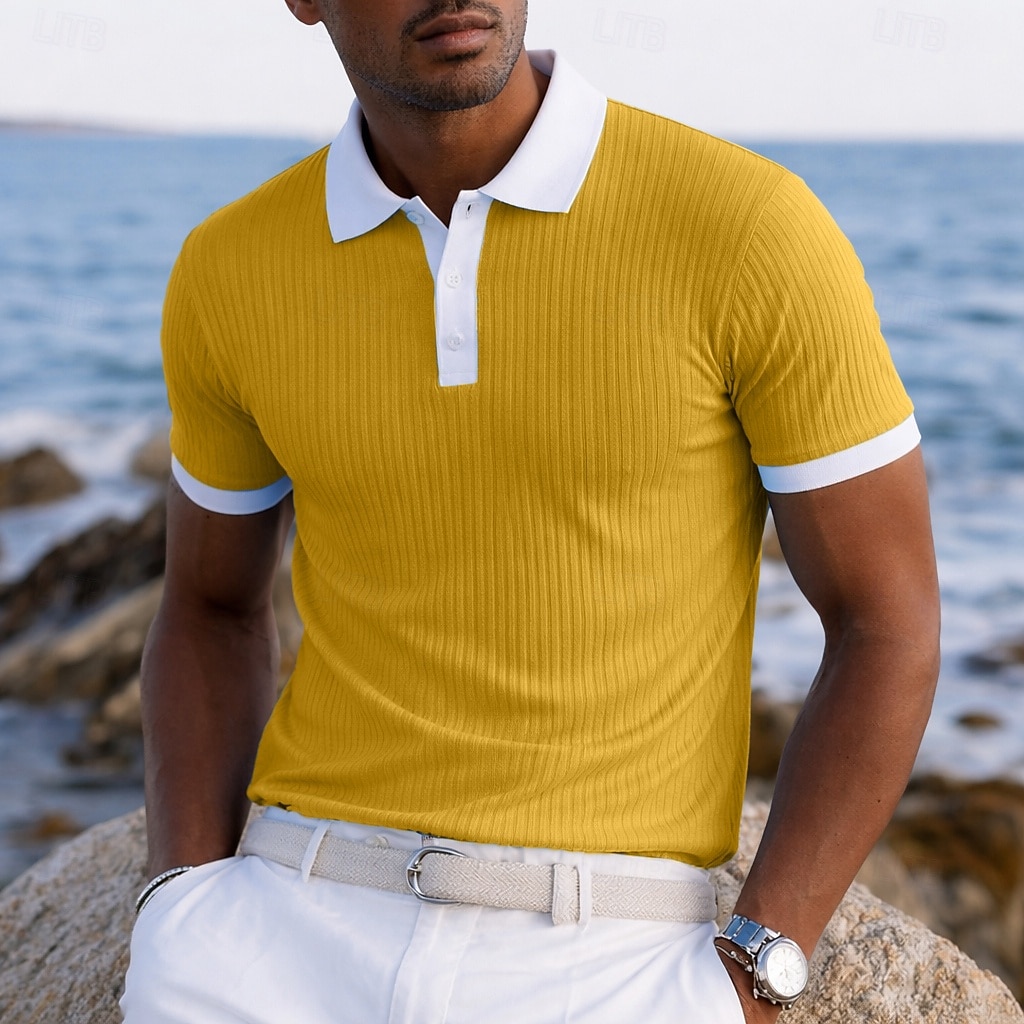Men's Textured Golf Shirt Casual Work Ribbed Polo Collar Classic Short Sleeve Basic Modern Color Block Color Block Spring & Summer Summer Regular Fit Blue White Yellow Green Gray Textured 2026 - $25.99 –P12