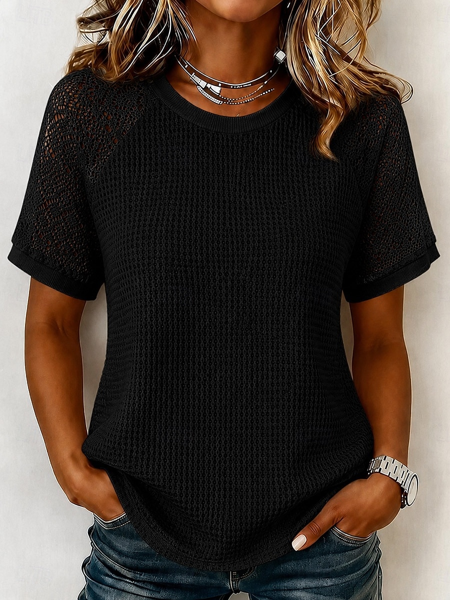 Women's Eyelet Top Lace Splicing Top Contrast Lace Lace Elegant Bohemia Stylish Short Sleeve Crew Neck Long Tops Casual Daily Going out Black White Gray Summer Spring 2026 - $21.99 –P4