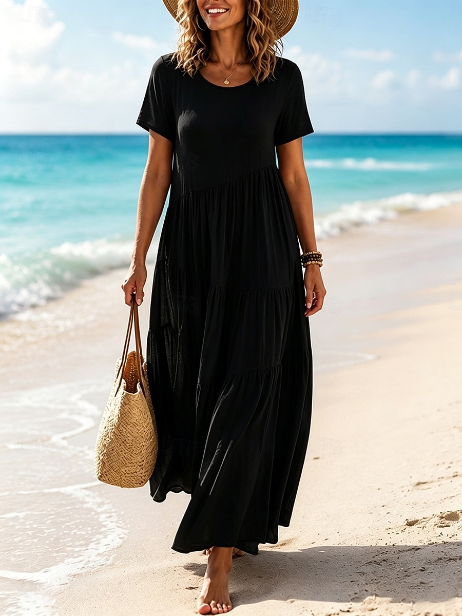 Women's Vintage Crew Neck Ruffle Pleated Asymmetric Maxi Dress Khaki Black White Pink Summer 2026 - $24.99 –P7