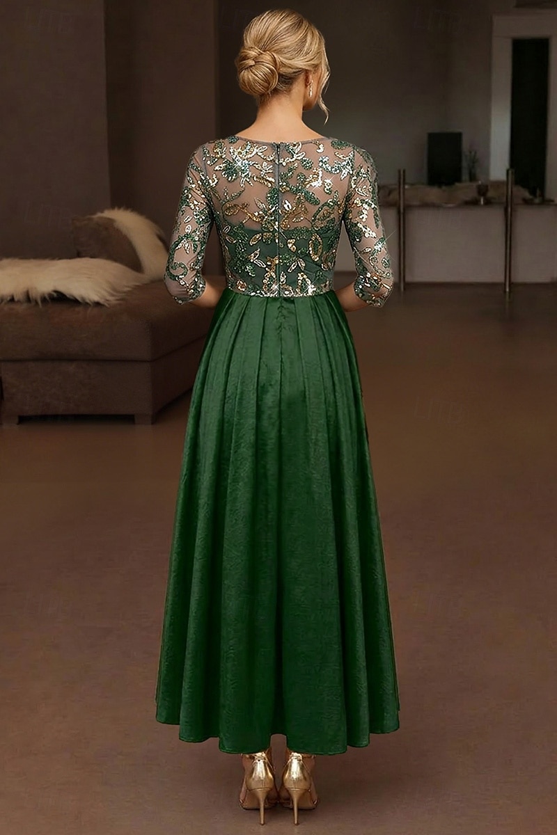 A-Line Ankle Length Tea Length Cocktail Dresses Elegant Sparkle Half Sleeve Boat Neck Wedding Cocktail Party Taffeta Stretch Satin with Lace Pleats Sequin 2026 - $171.99 –P3