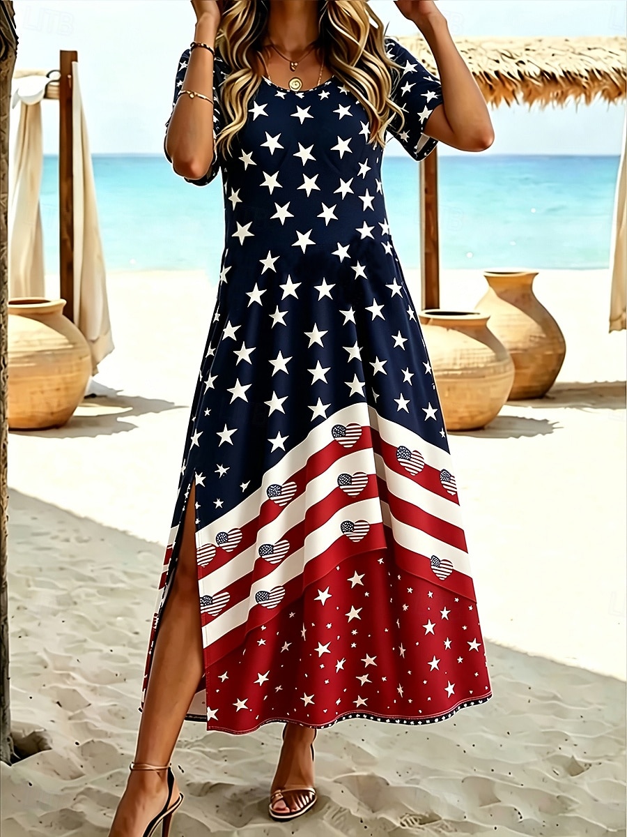 Giorno dell'Indipendenza Americana Per donna Abito Midi Abito a trapezio Casual Spiaggia Vestibilità regolare Grafico Bandiera Manica Corta Girocollo Blu Rosso Estate Primavera del 2026 a $27.99 –P1