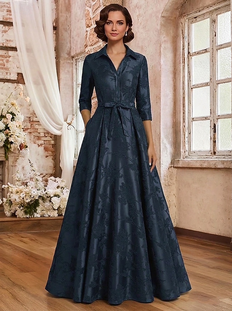 Ligne A Longueur au sol Robe de Cérémonie Robe de soirée Robe de Mère de Mariée  Manche 3/4 Col de chemise Élégant ancien Formel robe demoiselle d honneur Soirée Formelle Satin Jacquard avec Noeud(s de 2026 ? $194.99 –P1