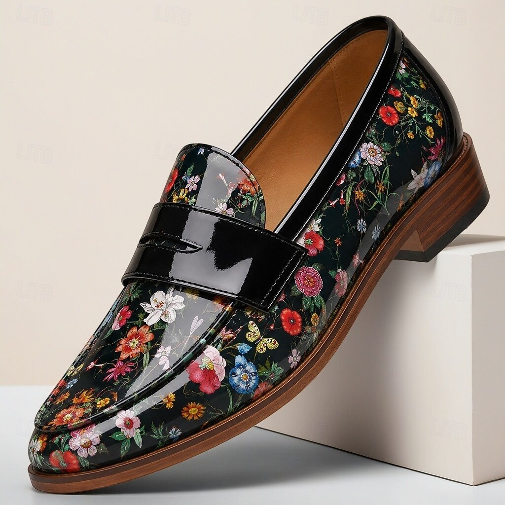 Mocassins à enfiler noirs à motif floral pour homme, chaussures habillées élégantes à bride vernie, parfaites pour les mariages, les banquets, les fêtes et les soirées raffinées. de 2026 ? $46.99 –P6