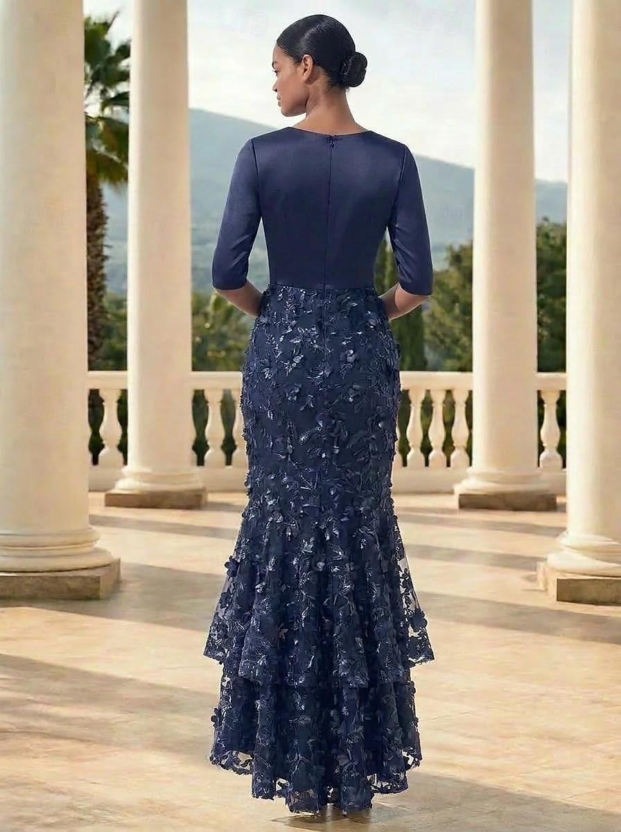 Mermaid Trumpet Ankle Length Evening Gown Formal Dress Elegant Glittering Floral 3/4 Length Sleeve V Neck Wedding Formal Lace Stretch Satin Cowl Back with Embroidered Flower Pleats Embroidery 2026 - $182.99 –P2
