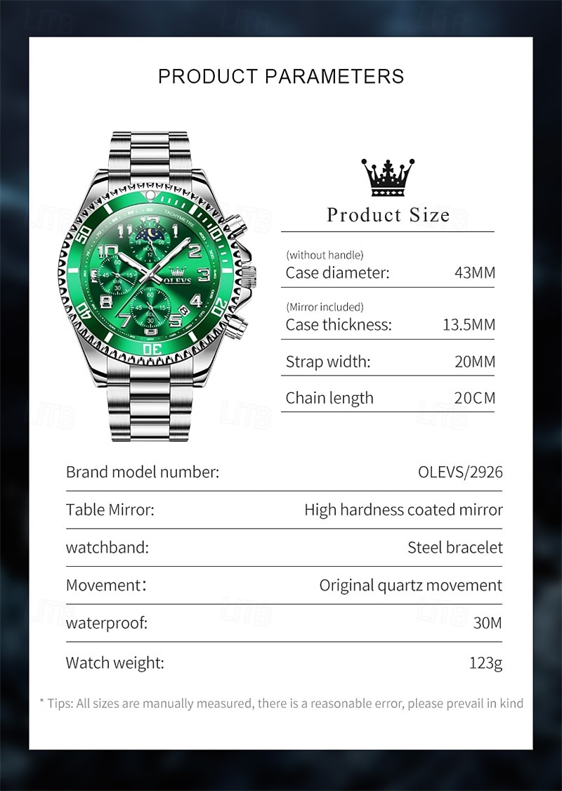 OLEVS Men's Chronograph Watch Luxury Green Face Two Tone Stainless Steel Moon Phase Waterproof Luminous Analog Quartz Wrist Watch for Men Big Face Fashion Sport Business Watch Gifts for Him 2026 - $39.99 –P11