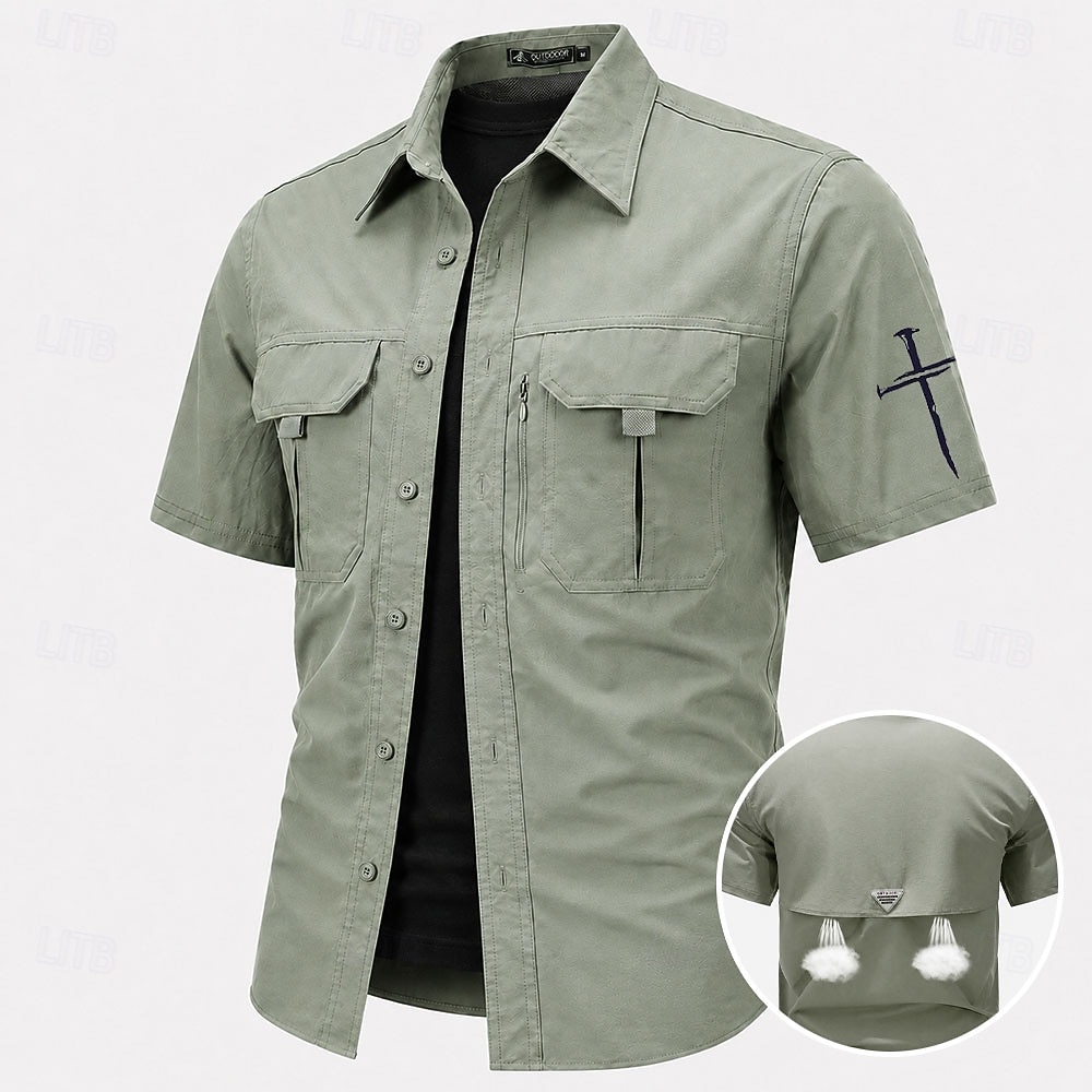 Men's Cross Fishing Shirts Cargo Shirt Utility Shirt Short Sleeve Sports & Outdoors Tactical Outdoor Streetwear Spring & Summer Shirt Collar Quick Dry Mesh Black Light Green Army Green Navy Blue Brown 2026 - $27.99 –P1