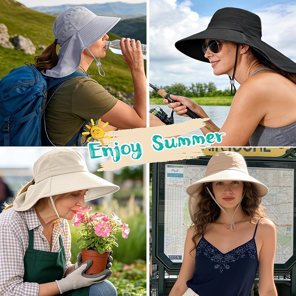 Sombrero de sol para mujer, plegable, de ala ancha, con solapa para cubrir el cuello y abertura para coleta. Permite llevar coleta sin oprimir la cabeza. Transpirable y fresco, ideal para vacaciones 2026 - $9.99 –P6
