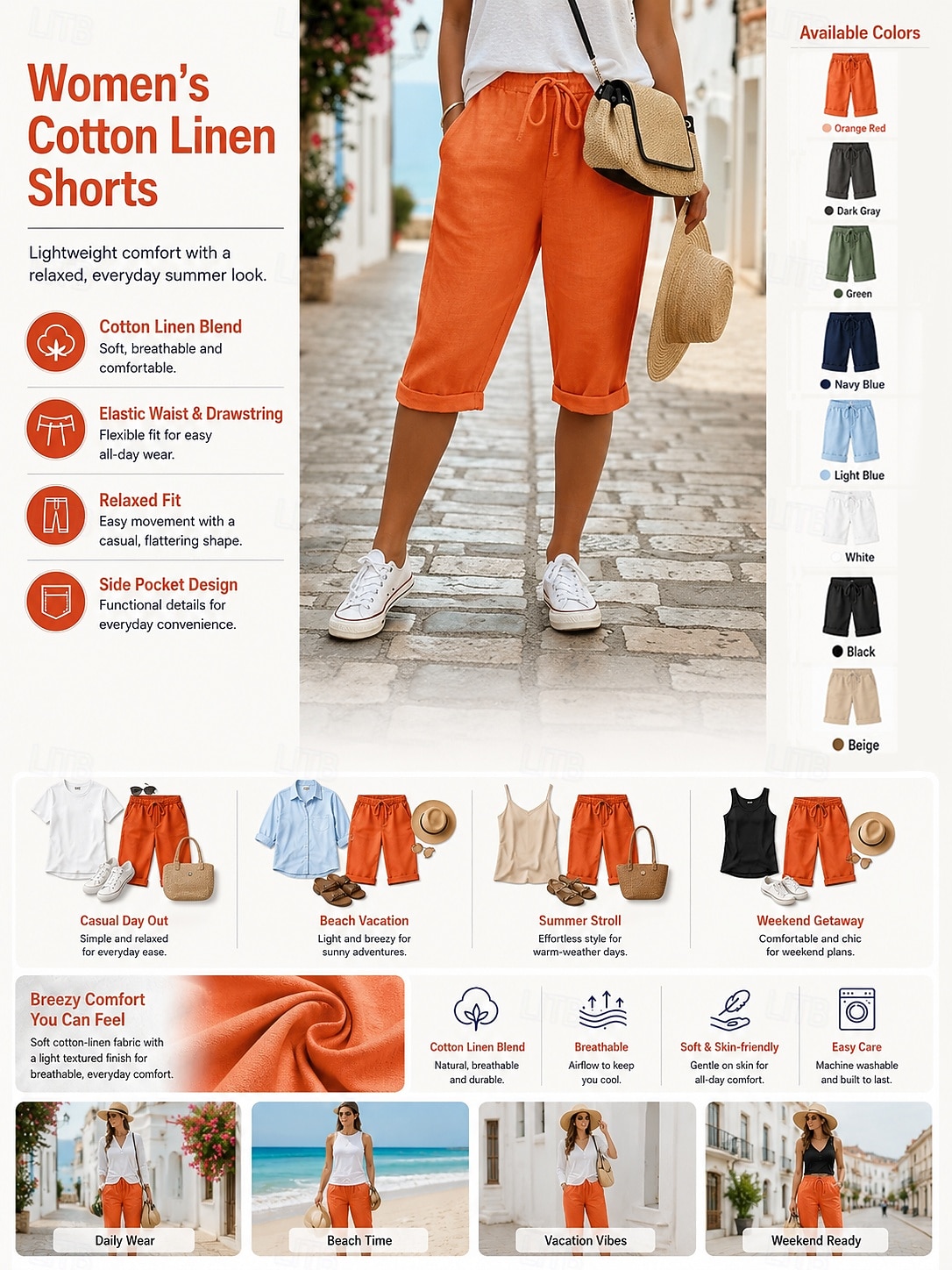 pantaloncini da donna in lino pantaloni capri chino pantaloncini estivi abbigliamento casual da vacanza lunghezza al ginocchio vita media tinta unita coulisse tasca comodi traspiranti anelastici quotidiani all'aperto strada del 2026 a $10.99 –P1