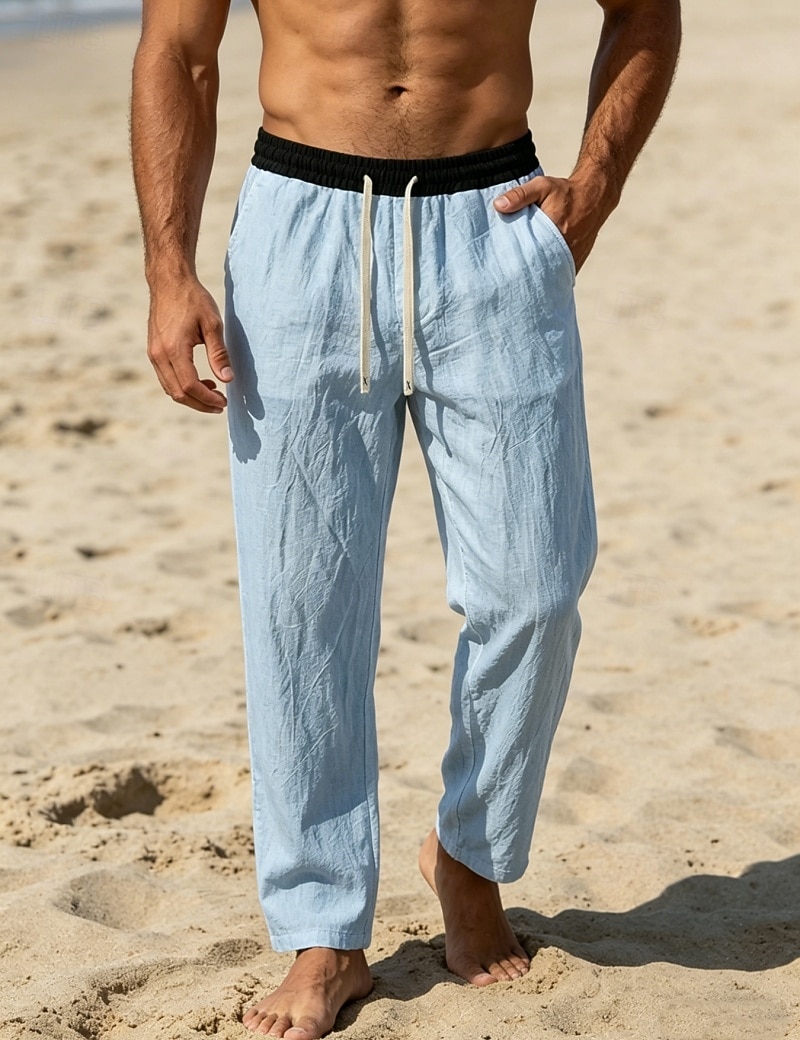 Men's Linen Pants Trousers Summer Pants Beach Pants Drawstring Pocket Elastic Waist Color Block Comfort Breathable Knee Length Daily Outdoor Beach Vacation Fashion Black White Inelastic 2026 - $26.99 –P10