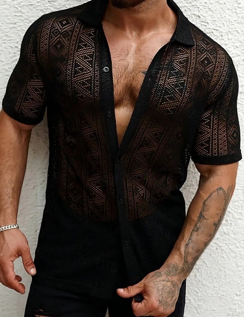 Men's Shirt Casual Shirt Button Up Shirt Jacquard Shirt Black Short Sleeve Plain Shirt Collar Casual Daily Lace Clothing Apparel Elegant Fashion Casual 2026 - $26.99 –P2