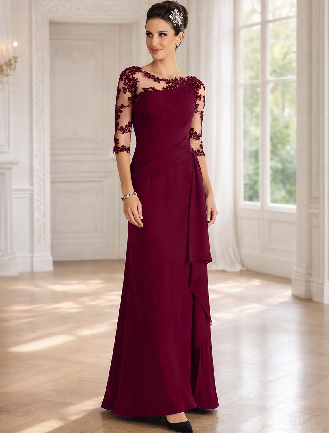 Sheath Column Floor Length Wedding Guest Dress Formal Dresses Evening Gown Mother of the Bride Dress Half Sleeve Jewel Neck Elegant Mother Formal Evening Lace with Appliques 2026 - $172.99 –P11