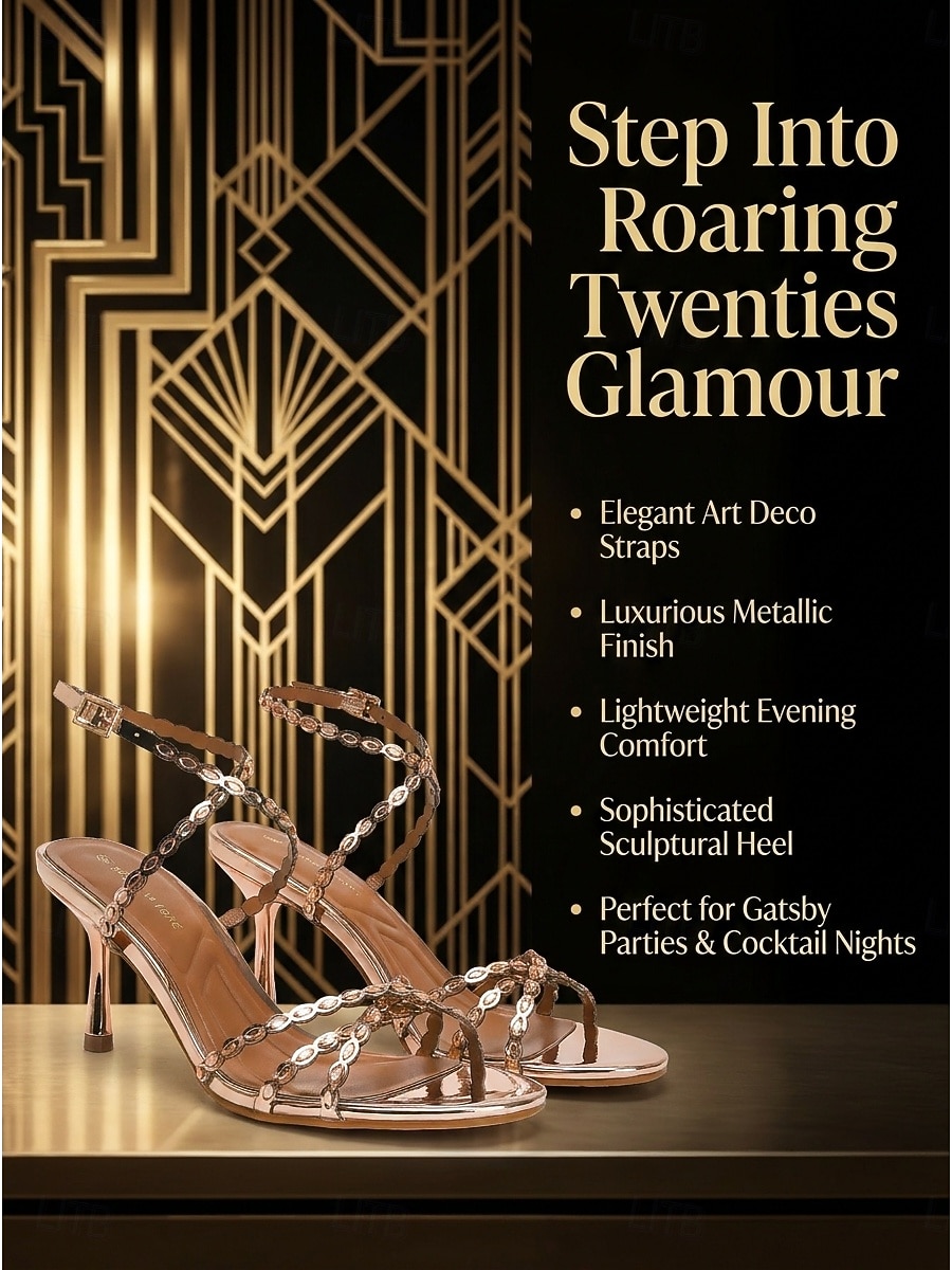 Women's 1920s Great Gatsby Shoes - Champagne Strappy Heels with Metallic Geometric Cutout for Flapper Party, Cocktail Evening & Prom 2026 - $59.99 –P4