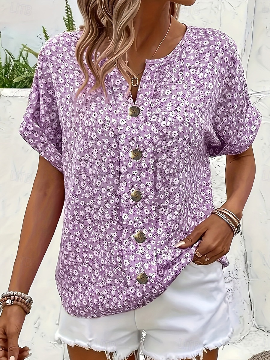 Per donna Blusa Bottoni Stampato Floreale Grafico Vintage Elegante Moderno Manica Corta Colletto a Camicia Top Regolari Casuale Quotidiano Blu Rosa Viola Verde Estate Primavera del 2026 a $24.99 –P6