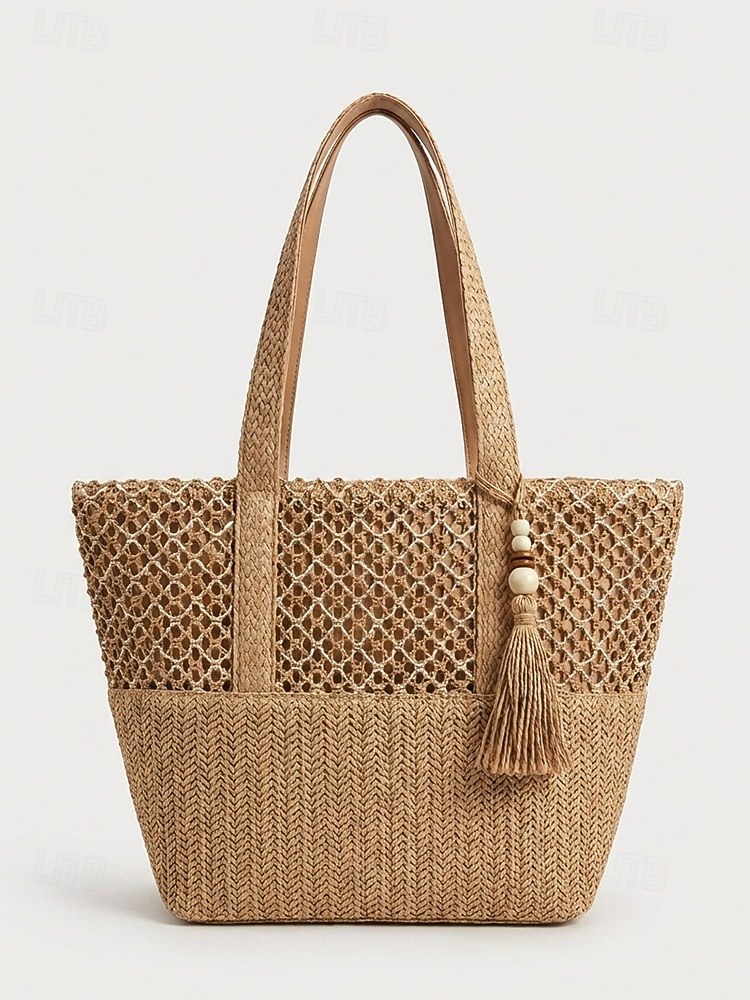 Borsa tote da donna in stile bohémien intrecciata, borsa a tracolla capiente color kaki beige da spiaggia con ciondolo a nappina, ideale per vacanze al mare, viaggi e abbigliamento casual quotidiano. del 2026 a $18.99 –P4