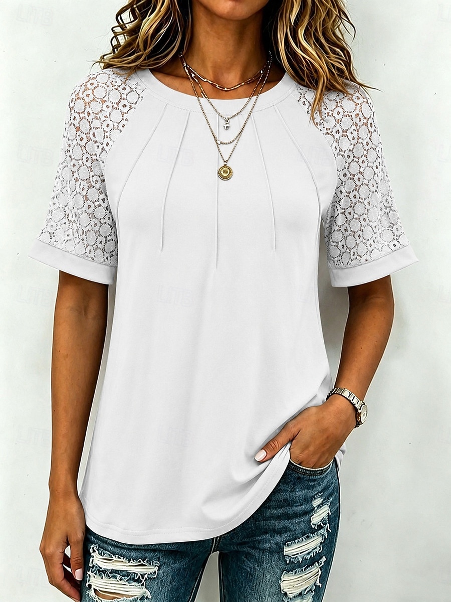 Women's T Shirt Tee Top Lace Plain Elegant Stylish Short Sleeve Raglan Sleeves Round Neck Long Tops Casual Daily Black White Wine Sky Blue Summer Spring 2026 - $24.99 –P1