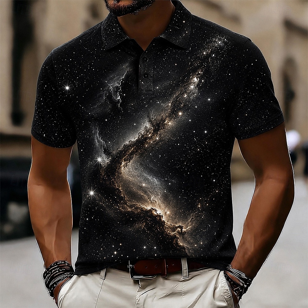Bărbați Galaxie Tricouri polo Manșon scurt Tricouri de polo Cămăși cu guler Casual Îmbrăcăminte Atletică Imprimare 3D Nasturi Material Plasă care Respiră Vară Primăvară Albastru piscină Negru Galben 2026 - $22.99 –P1