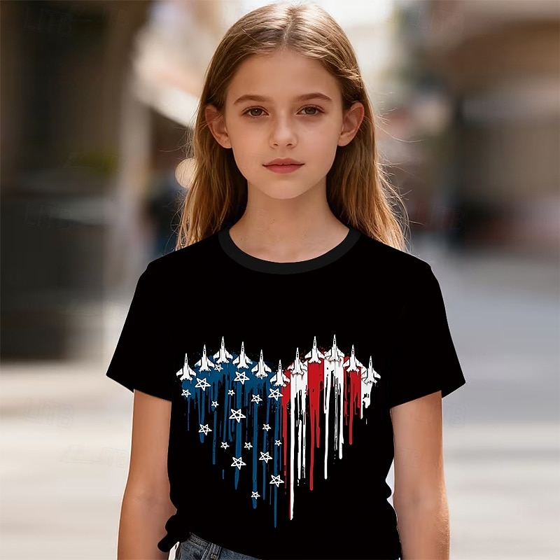 Cotton American Independence Day Kids Girls' Black Red Printed T shirt Blouse Crew Neck Short Sleeve Casual Daily Outdoor Casual Graphic Summer 2026 - $13.49 –P8