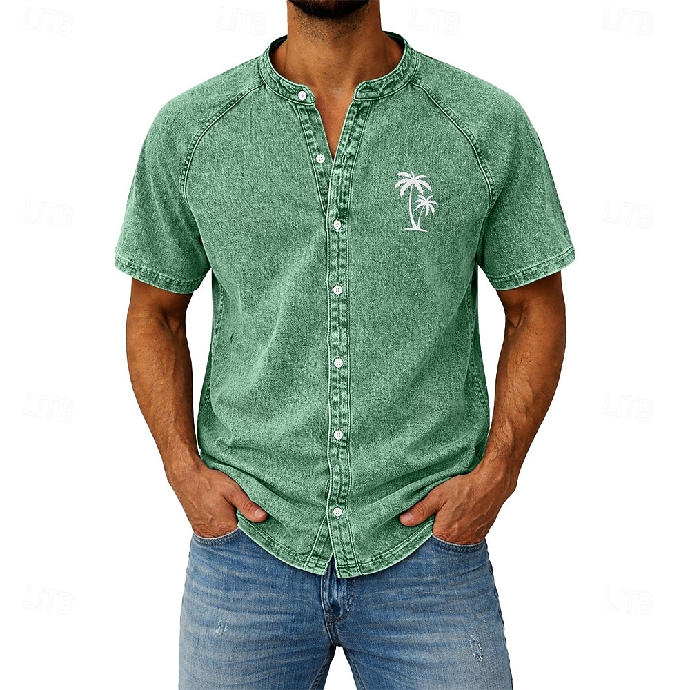 Men's Shirt Casual Shirt Button Up Shirt Garment Dyed Acid Wash Shirt Light Green Pink khaki Gray Light Blue Short Sleeve Plain Grandad Collar Casual Daily Clothing Apparel Elegant Fashion Casual 2026 - $31.99 –P5