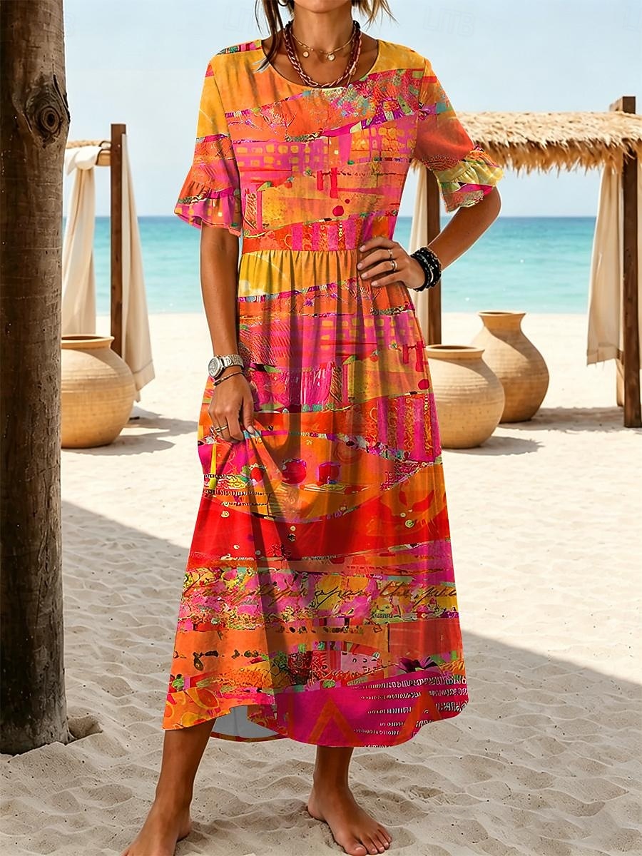 Per donna Abito Midi Vestito Casual Abito a trapezio Elegante Vacanza Spiaggia Ferie Vestibilità regolare Grafico Geometrico Mezza Manica Girocollo Blu Viola Arancione Verde Estate Primavera del 2026 a $43.99 –P1