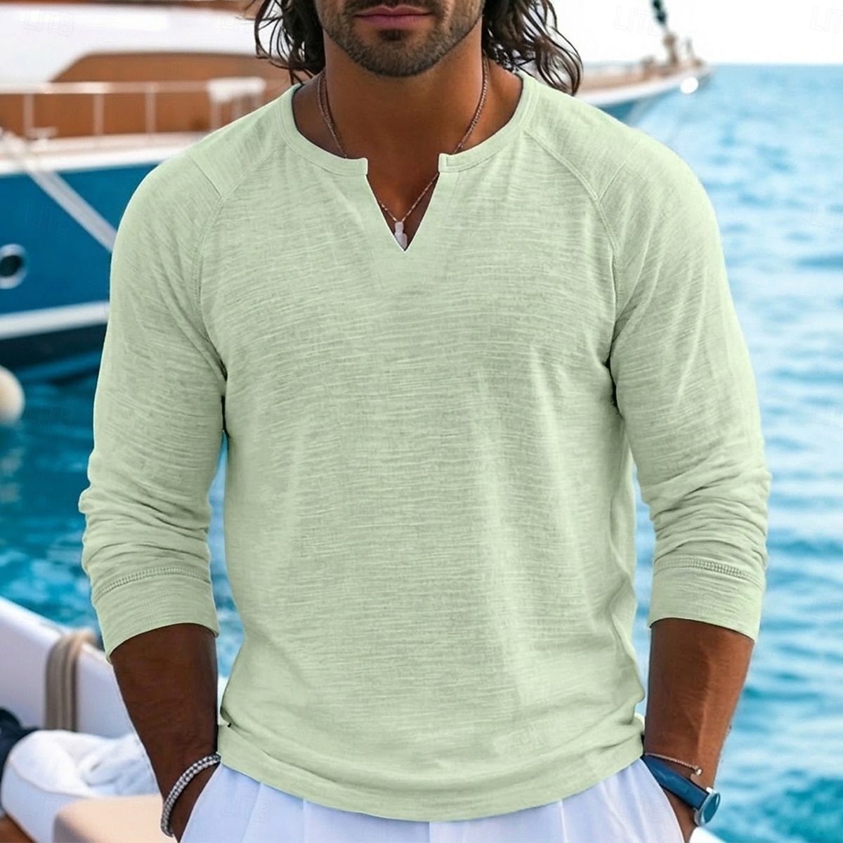 Men's Linen T-Shirt Long Sleeve V Neck Notched Spring & Summer Summer Spring Solid Color Plain Vintage Bohemian Casual See Through Raglan Sleeves Casual Vacation Street Black White Light Green Top 2026 - $20.99 –P2