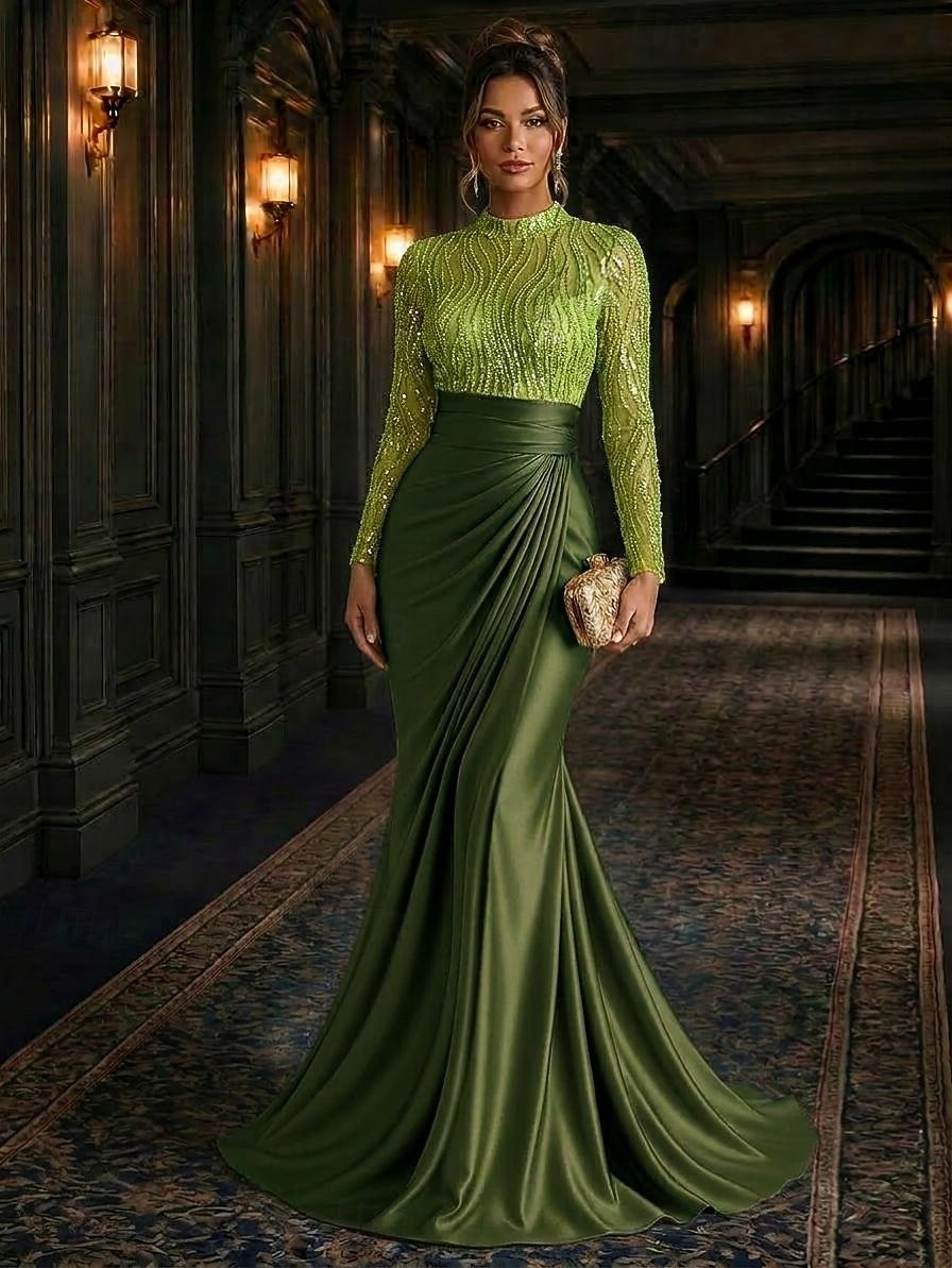 Sirena Tromba Lunghezza al pavimento Abito da Sera Elegante Setoso Abito da sera stile impero Manica Lunga Collo Alto Matrimonio Formale Raso Elasticizzato Con Paillettes con Glitter Pieghe Perline del 2026 a $182.99 –P1