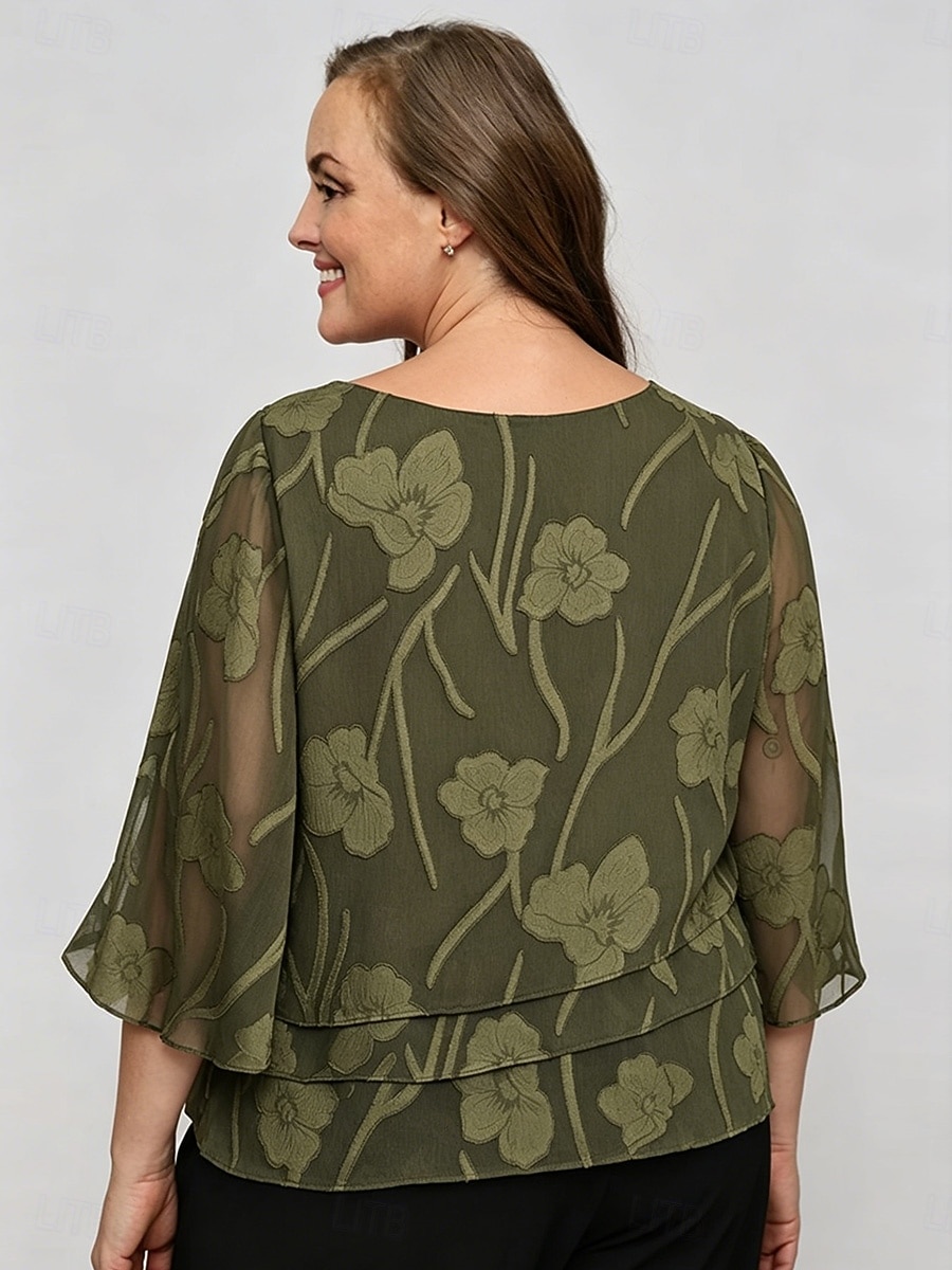 Women's Chiffon Tops Lace Layered Elegant 3/4 Length Sleeve Bell Sleeve Crew Neck Regular Tops Daily Wedding Guest Olive Spring, Fall, Winter, Summer 2026 - $87.99 –P2